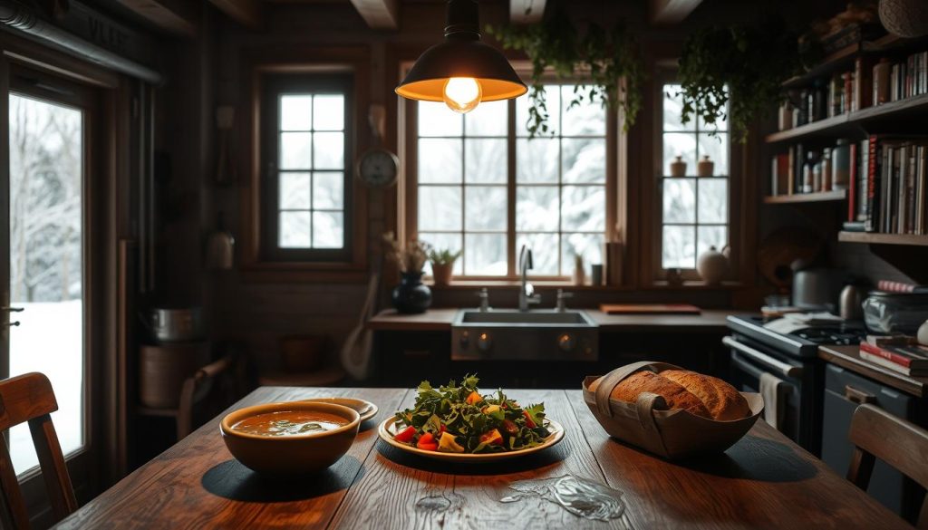 A cozy, dimly lit kitchen interior with a warm, rustic atmosphere. In the foreground, a wooden table is set with an array of healthy, homemade dishes - a hearty vegetable soup, a fresh green salad, and a plate of whole-grain bread. Overhead, a pendant lamp casts a soft, golden glow, illuminating the scene. In the middle ground, a large window overlooking a snowy winter landscape allows natural light to filter in, creating a serene, inviting atmosphere. The background features a well-stocked pantry, shelves of cookbooks, and herbs hanging from the ceiling, suggesting a deep connection between food, health, and the rhythms of the seasons. A cozy, dimly lit kitchen interior with a warm, rustic atmosphere. In the foreground, a wooden table is set with an array of healthy, homemade dishes - a hearty vegetable soup, a fresh green salad, and a plate of whole-grain bread. Overhead, a pendant lamp casts a soft, golden glow, illuminating the scene. In the middle ground, a large window overlooking a snowy winter landscape allows natural light to filter in, creating a serene, inviting atmosphere. The background features a well-stocked pantry, shelves of cookbooks, and herbs hanging from the ceiling, suggesting a deep connection between food, health, and the rhythms of the seasons.