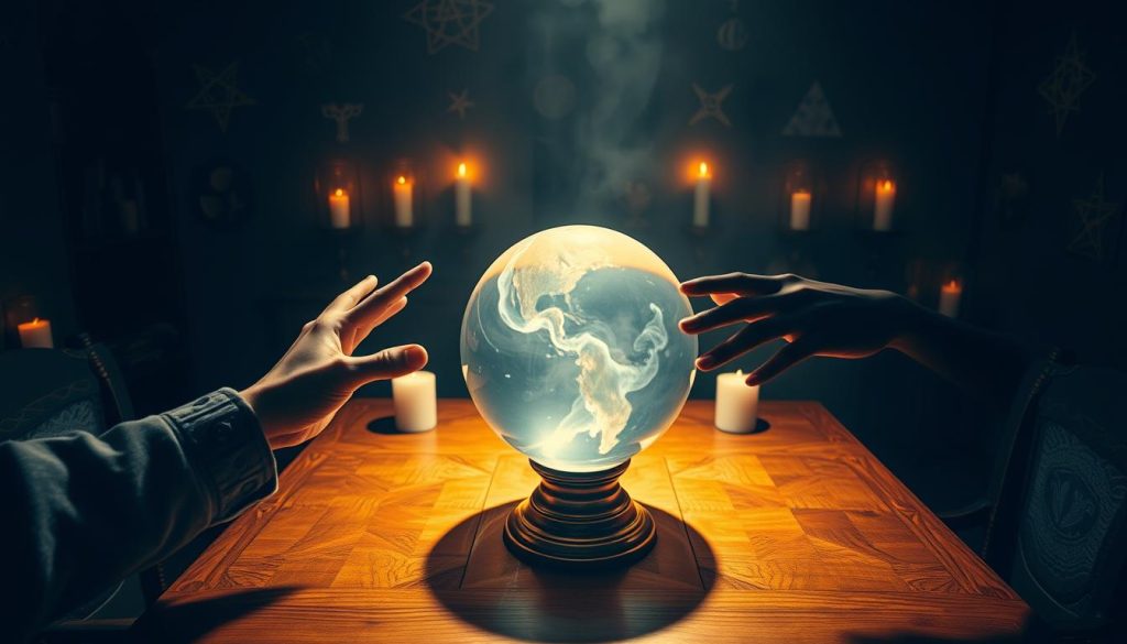 A cozy, dimly lit room, adorned with mystical symbols and flickering candles. In the center, a polished wooden table holds a crystal ball, its surface swirling with ethereal energy. Two hands, one light and one dark, reach towards the ball, seeking answers to the age-old question: "онлайн гадання так ні". The air is thick with anticipation, the atmosphere charged with the promise of a clear, decisive response. Soft, dramatic lighting casts dramatic shadows, heightening the air of mystery and intrigue. The scene evokes a sense of ancient tradition, blended with the modern desire for instant answers, all captured in a single, captivating image.