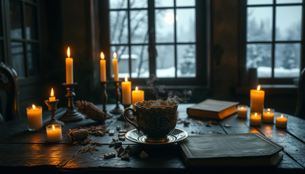 A cozy, dimly-lit room with a rustic, wooden table set for an old New Year's divination ritual. In the center, an array of candles flicker, casting a warm, golden glow. On the table, an ornate, antique-style teacup filled with steaming tea, surrounded by scattered dried herbs, runes, and a worn, leather-bound book. In the background, a tall, shadowy window frames a snowy, moonlit landscape, hinting at the mystical energy of the night. The atmosphere is one of tranquility, anticipation, and a touch of otherworldly enchantment.