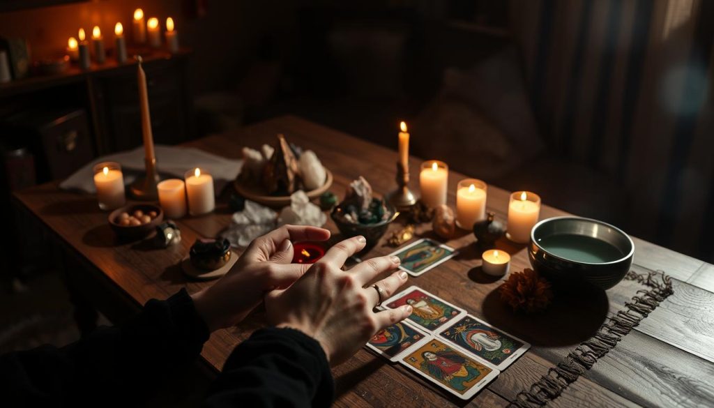 A cozy, dimly lit room with a table set for divination. On the table, a collection of mystical items - candles, crystals, a tarot deck, and a bowl of water. A soft glow from the candles illuminates the scene, casting warm shadows across the room. In the foreground, a pair of hands gently placing the items, preparing for the ritual. The atmosphere is one of anticipation and tradition, as if the subject is taking great care in setting the stage for a sacred act. The background is hazy, focusing the viewer's attention on the table and the hands, emphasizing the importance of the moment. A cozy, dimly lit room with a table set for divination. On the table, a collection of mystical items - candles, crystals, a tarot deck, and a bowl of water. A soft glow from the candles illuminates the scene, casting warm shadows across the room. In the foreground, a pair of hands gently placing the items, preparing for the ritual. The atmosphere is one of anticipation and tradition, as if the subject is taking great care in setting the stage for a sacred act. The background is hazy, focusing the viewer's attention on the table and the hands, emphasizing the importance of the moment.