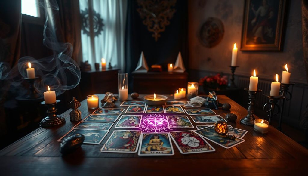 A cozy, dimly lit room with a wooden table in the foreground, adorned with a lush, ornate tarot deck, candles, and crystals. A vibrant, dynamic card spread is featured, casting an enchanting glow over the scene. The background is hazy, with hints of mystical symbols and ethereal wisps, creating an atmosphere of introspection and mysticism. The lighting is soft and warm, evoking a sense of comfort and contemplation. The overall composition is balanced and visually captivating, inviting the viewer to delve into the rich tapestry of online tarot divination. A cozy, dimly lit room with a wooden table in the foreground, adorned with a lush, ornate tarot deck, candles, and crystals. A vibrant, dynamic card spread is featured, casting an enchanting glow over the scene. The background is hazy, with hints of mystical symbols and ethereal wisps, creating an atmosphere of introspection and mysticism. The lighting is soft and warm, evoking a sense of comfort and contemplation. The overall composition is balanced and visually captivating, inviting the viewer to delve into the rich tapestry of online tarot divination.