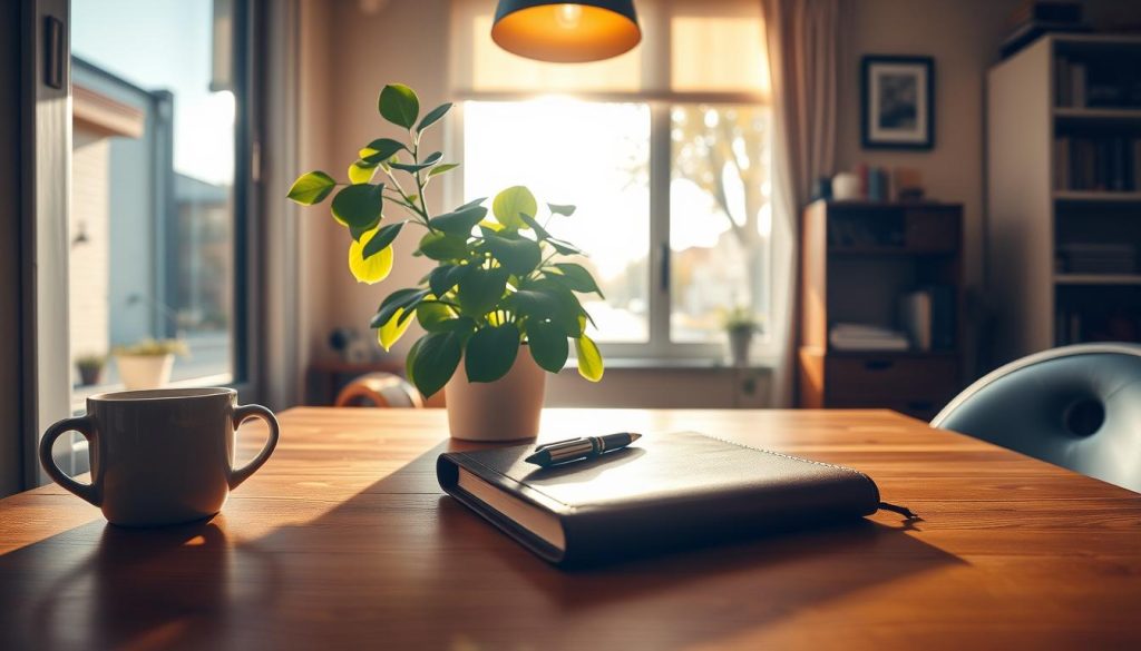 A cozy home office with a wooden desk, a thriving houseplant, and a cup of coffee. Warm overhead lighting casts a golden glow, creating a serene and productive atmosphere. offers glimpse of a tranquil, sun-dappled street, suggesting a sense of balance height=