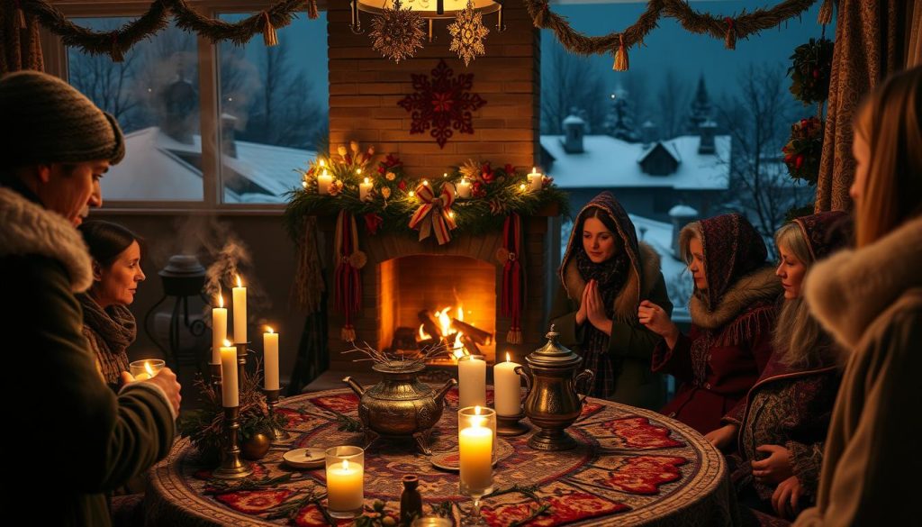 A cozy scene of traditional Ukrainian holiday festivities unfolds. In the foreground, a group gathers around a table adorned with candles, dried herbs, and a steaming samovar, engaged in a ritual of divination. The middle ground reveals a crackling fireplace, casting a warm glow on intricate embroidered fabrics and handcrafted decorations. In the background, snow-capped rooftops and a starry night sky set the wintry, mystical atmosphere. Soft, golden lighting illuminates the scene, capturing the reverent, contemplative mood of the traditional Andriy's Eve celebrations. A cozy scene of traditional Ukrainian holiday festivities unfolds. In the foreground, a group gathers around a table adorned with candles, dried herbs, and a steaming samovar, engaged in a ritual of divination. The middle ground reveals a crackling fireplace, casting a warm glow on intricate embroidered fabrics and handcrafted decorations. In the background, snow-capped rooftops and a starry night sky set the wintry, mystical atmosphere. Soft, golden lighting illuminates the scene, capturing the reverent, contemplative mood of the traditional Andriy's Eve celebrations.