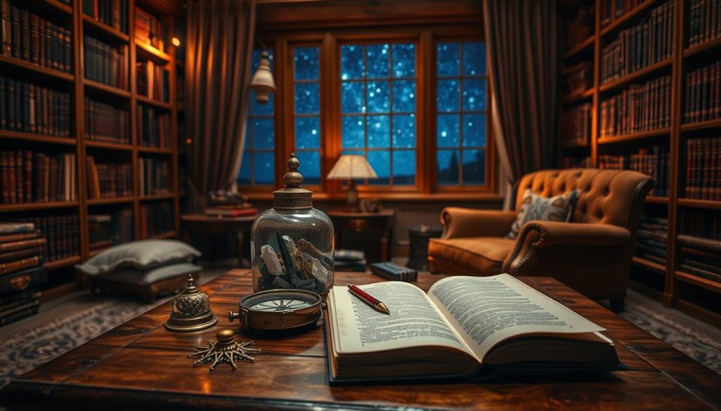 A cozy study filled with the tools of the astrological trade. In the foreground, a wooden table adorned with an open book, a brass compass, and an ornate glass jar containing crystals and dried herbs. Dimmed lighting casts a warm glow, while the background features a large window overlooking a night sky filled with twinkling stars. Soft fabrics, such as a plush rug and a velvet armchair, create an atmosphere of contemplation and introspection. Shelves along the walls hold a collection of leather-bound tomes on astrology, tarot, and mysticism. The overall scene evokes a sense of scholarly pursuit and a deeper connection to the cosmos.