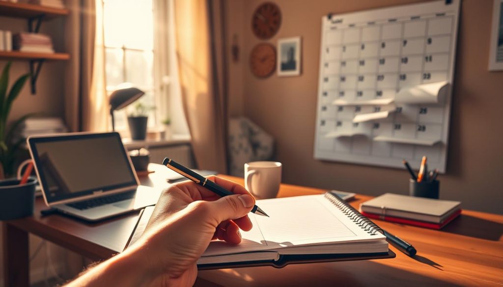 A cozy, well-organized home office with a desk, calendar, and planner. Warm, natural lighting floods the scene, casting a serene ambiance. In the foreground, a hand holds a pen, poised to meticulously plan out the day's tasks and events. The middle ground features a wooden desk adorned with a laptop, coffee mug, and a neatly arranged selection of stationery. In the background, a large wall calendar dominates the space, its days and dates clearly visible, suggesting a thoughtful approach to personal time management. The overall composition conveys a sense of productivity, organization, and a deliberate focus on optimizing one's daily routine.