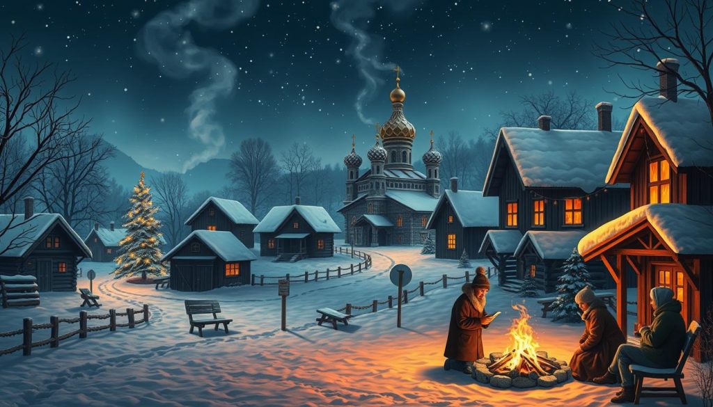 A cozy winter scene depicting traditional Ukrainian folk signs and omens of December, showcasing a snow-covered village landscape with rustic wooden houses, winding paths, and a central square. In the foreground, a group of people are gathered around a crackling bonfire, sharing stories and enjoying warm beverages. The middle ground features an ornate Orthodox church with onion domes, its windows glowing warmly. In the background, a starry night sky illuminates the scene, with wisps of smoke drifting upwards. The lighting is soft and romantic, creating an atmospheric and inviting mood. The overall composition conveys the timeless traditions and folkloric beliefs associated with the holiday season in Ukraine. A cozy winter scene depicting traditional Ukrainian folk signs and omens of December, showcasing a snow-covered village landscape with rustic wooden houses, winding paths, and a central square. In the foreground, a group of people are gathered around a crackling bonfire, sharing stories and enjoying warm beverages. The middle ground features an ornate Orthodox church with onion domes, its windows glowing warmly. In the background, a starry night sky illuminates the scene, with wisps of smoke drifting upwards. The lighting is soft and romantic, creating an atmospheric and inviting mood. The overall composition conveys the timeless traditions and folkloric beliefs associated with the holiday season in Ukraine.