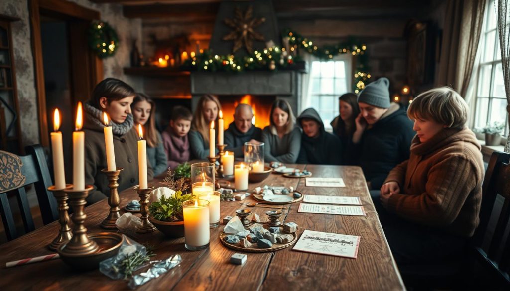 A cozy winter scene of a traditional Ukrainian household on Christmas Eve. In the foreground, a wooden table is set with candles, fresh herbs, and an assortment of divination tools - crystals, runes, and a bowl of water. In the middle ground, a group of people, young and old, gather around the table, engaged in deep concentration as they perform ancient rituals to divine the future. The background depicts a warm, softly lit interior, with a crackling fireplace and the faint glow of holiday decorations. The atmosphere is one of reverence, curiosity, and a sense of timeless tradition. Soft, diffused lighting casts a gentle, ethereal quality over the scene.