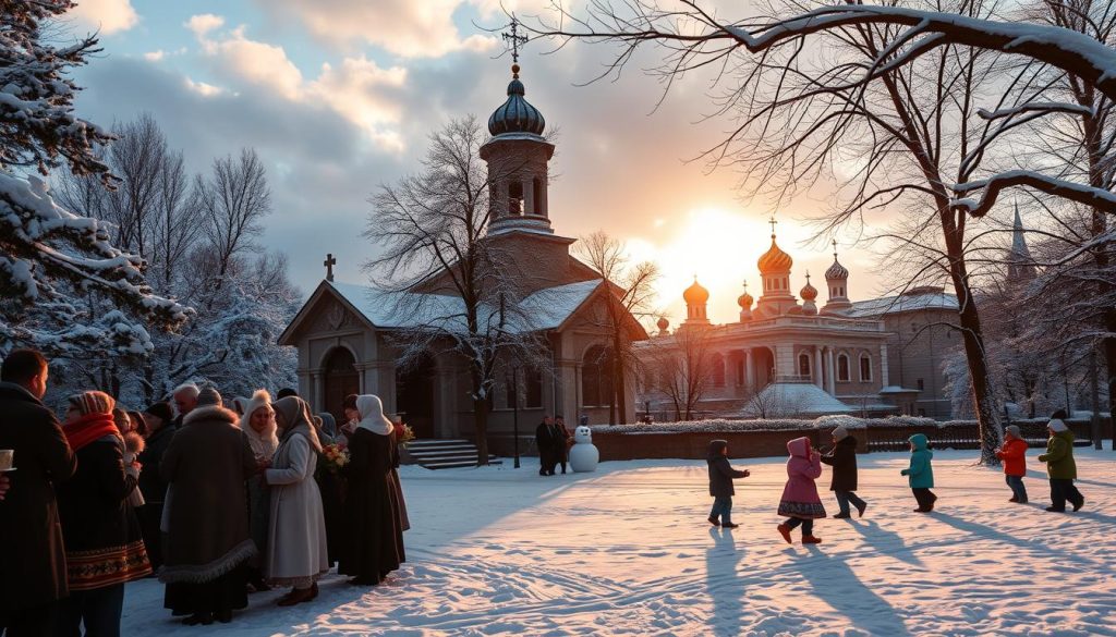 A cozy winter scene of an Orthodox Christian church surrounded by snow-covered trees, as the sun's warm glow filters through the clouds. In the foreground, worshippers gather at the church entrance, bundled in traditional attire, carrying candles and bouquets of flowers. In the middle ground, a group of children play in the snow, building a snowman and making snow angels. The background is filled with the distant silhouettes of historic buildings, their onion-shaped domes glittering in the soft light. The overall atmosphere is one of reverence, community, and the celebration of the December Orthodox holidays. A cozy winter scene of an Orthodox Christian church surrounded by snow-covered trees, as the sun's warm glow filters through the clouds. In the foreground, worshippers gather at the church entrance, bundled in traditional attire, carrying candles and bouquets of flowers. In the middle ground, a group of children play in the snow, building a snowman and making snow angels. The background is filled with the distant silhouettes of historic buildings, their onion-shaped domes glittering in the soft light. The overall atmosphere is one of reverence, community, and the celebration of the December Orthodox holidays.