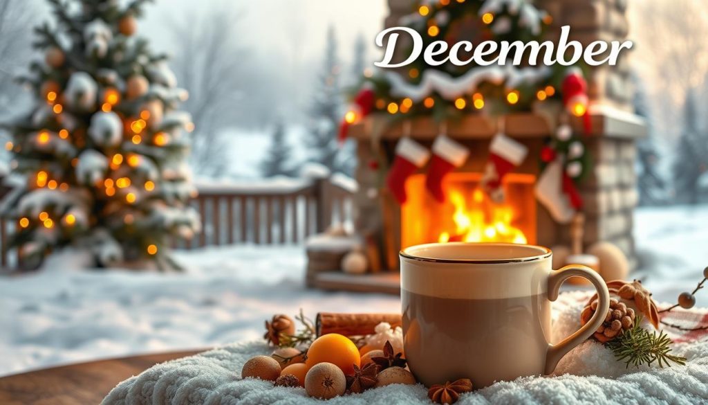 A cozy winter scene with the calendar features of December: a snow-covered landscape with evergreen trees in the background, a warm fireplace with stockings and festive decorations in the middle ground, and in the foreground, a hot mug of mulled wine or hot chocolate, surrounded by seasonal fruits, nuts, and spices. Soft, golden lighting illuminates the scene, creating a inviting and nostalgic atmosphere. The image captures the essence of the December calendar - the transition into the winter months, the coziness of the holiday season, and the astrological and celestial elements that define this time of year.