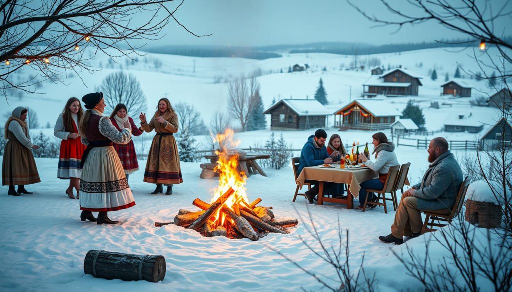 A cozy winter scene with traditional Ukrainian celebrations in January. In the foreground, a group of people in traditional folk costumes dancing around a lively bonfire, its warm glow illuminating their faces. In the middle ground, a family gathered around a table laden with festive dishes and drinks, engaged in lively conversation. In the background, a snowy landscape with rolling hills and a small village, its wooden houses adorned with colorful decorations. The atmosphere is one of joy, community, and the preservation of cultural heritage. Soft, diffused lighting casts a magical, dreamlike quality over the entire scene. The composition is balanced and harmonious, drawing the viewer into the heart of this celebration of Ukrainian January traditions. A cozy winter scene with traditional Ukrainian celebrations in January. In the foreground, a group of people in traditional folk costumes dancing around a lively bonfire, its warm glow illuminating their faces. In the middle ground, a family gathered around a table laden with festive dishes and drinks, engaged in lively conversation. In the background, a snowy landscape with rolling hills and a small village, its wooden houses adorned with colorful decorations. The atmosphere is one of joy, community, and the preservation of cultural heritage. Soft, diffused lighting casts a magical, dreamlike quality over the entire scene. The composition is balanced and harmonious, drawing the viewer into the heart of this celebration of Ukrainian January traditions.