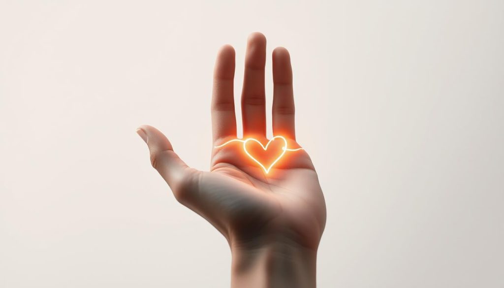 A delicate, finely-detailed line tracing the shape of a human hand, capturing the soft curves and creases of the palm. The line, a symbolic representation of the "heart line" in palm reading, glows with a warm, ethereal luminescence, radiating a sense of emotional connection and inner harmony. The background is a serene, muted palette, allowing the central element to take center stage and convey a sense of tranquility and introspection. Subtle textures and gradients add depth and dimensionality, creating an image that is both visually striking and rich in metaphorical meaning.