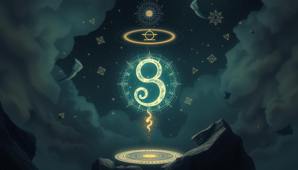 A detailed and intricate illustration of "numerology of the lucky number" in a serene, otherworldly atmosphere. The focal point is a glowing, ethereal numeric symbol suspended in mid-air, surrounded by a halo of subtle light and energy. In the background, floating geometric shapes, runes, and astrological symbols create a mystical, esoteric ambiance. The lighting is soft and atmospheric, with muted tones and a sense of depth and dimension. The overall composition conveys a sense of ancient wisdom, mysticism, and the hidden powers of numerology.