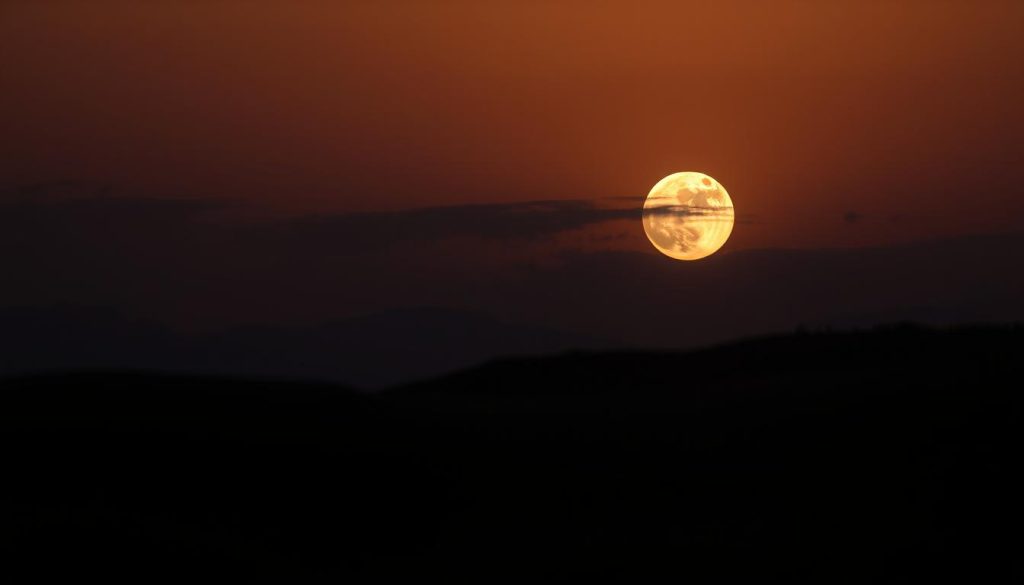 A detailed and moody lunar landscape at sunset, showcasing the phases of the Moon. In the foreground, a crescent Moon glows softly, casting a warm, golden light across the rolling hills. In the middle ground, a waxing gibbous Moon hangs in the dusky sky, partially obscured by wispy clouds. In the background, a full Moon emerges from the horizon, its silvery light illuminating the distant mountains. The scene is bathed in a serene, atmospheric lighting, capturing the ebb and flow of the Moon's cyclical nature. A telephoto lens has been used to compress the perspective, creating a sense of depth and harmony between the varying lunar phases.
