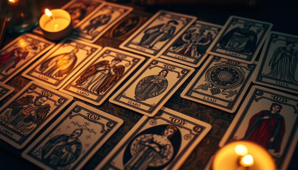 A detailed arrangement of tarot cards, arranged in a structured grid. The cards are depicted with ornate, intricate designs and illustrations, showcasing the classic symbolism and iconography associated with the tarot. The cards are bathed in warm, diffused lighting, creating a mystic, atmospheric ambiance. The composition highlights the cards' individual beauty and collective significance, reflecting the depth and complexity of the tarot system. The image conveys a sense of contemplation, wisdom, and the exploration of the esoteric and the unknown.