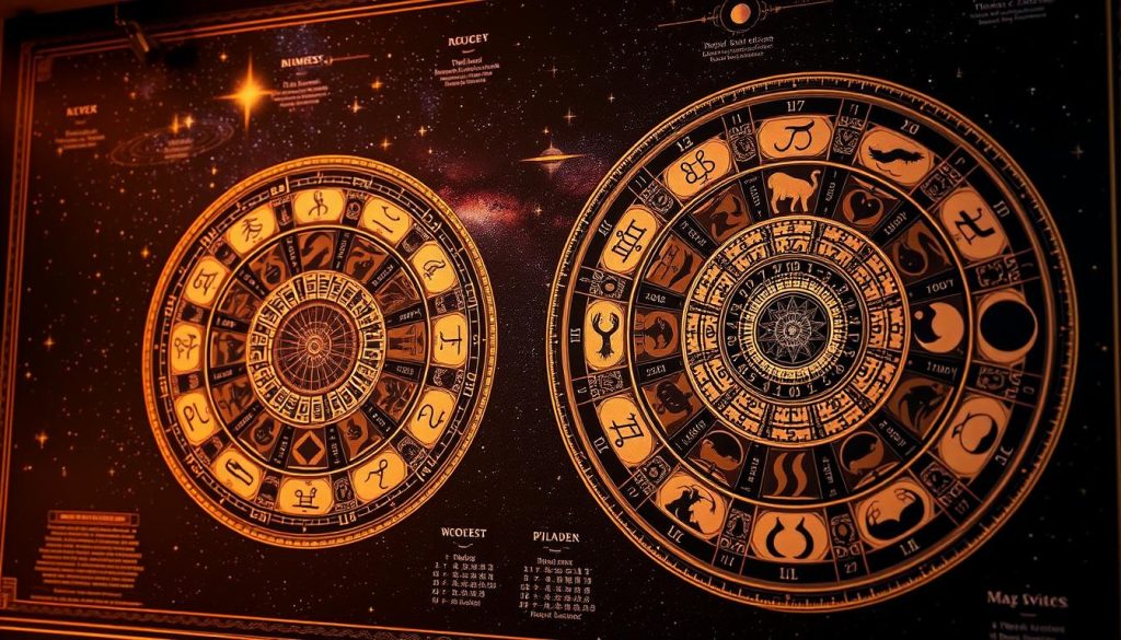 A detailed astrological calendar depicting the key events and influences throughout the year. The foreground features a large, ornate zodiac wheel with the 12 astrological signs prominently displayed. The middle ground showcases a series of smaller illustrations highlighting significant planetary alignments, lunar phases, and other celestial phenomena. The background is a rich, starry night sky with the Milky Way visible, creating a sense of cosmic grandeur. The lighting is warm and ambient, evoking a sense of mysticism and ancient wisdom. The overall composition and color palette convey the cyclical nature of the astrological calendar and its deep connection to the rhythms of the universe.