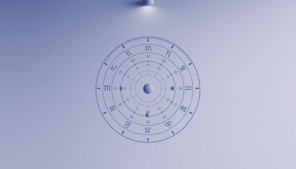 A detailed astrological chart depicted in minimalist, elegante design. a soft, muted gradient в shades of blue and purple, evoking the night sky, є overall composition has serene, meditative quality, with a balanced use of negative space to highlight the chart's key day and the laying convey a modern, digital aesthetic suitable for an online presentation. Елегантний дизайн. Центр фокусу є циркулярним матеріалом, з планетами і zodiac signs arranged in precise, symmetrical layout. високасвітла список елементів живлення. width=