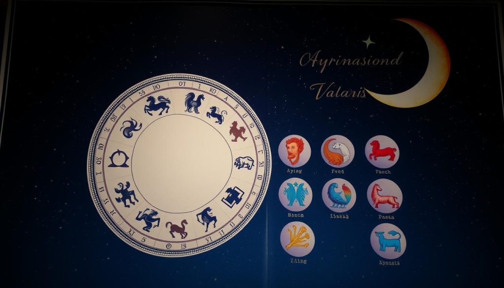 A detailed astrological chart displaying the individual horoscopes for each zodiac sign. The foreground features a central circular zodiac wheel with the 12 signs elegantly arranged. The middle ground showcases vibrant illustrations of the zodiac symbols, each one unique and symbolic. The background is a starry night sky, with a crescent moon and twinkling stars creating a mystical, celestial atmosphere. The lighting is soft and muted, lending an air of mystery and introspection. The overall composition has a balanced, harmonious feel, inviting the viewer to explore the depths of their personal astrological insights.