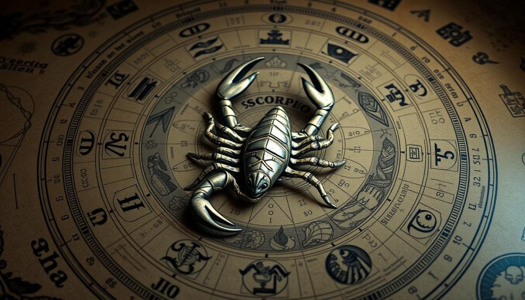 A detailed astrological chart for the Scorpio zodiac sign, illuminated by soft, warm lighting and rendered in a classic, illustrated style. The chart features intricate celestial symbols, planetary alignments, and symbolic motifs associated with the Scorpio sign, such as the scorpion, water, and transformative energies. The layout is balanced and harmonious, with a sense of depth and dimension, inviting the viewer to explore the complexities of the Scorpio horoscope. The overall mood is contemplative, mystical, and visually striking, capturing the essence of the Scorpio's transformative and enigmatic nature. A detailed astrological chart for the Scorpio zodiac sign, illuminated by soft, warm lighting and rendered in a classic, illustrated style. The chart features intricate celestial symbols, planetary alignments, and symbolic motifs associated with the Scorpio sign, such as the scorpion, water, and transformative energies. The layout is balanced and harmonious, with a sense of depth and dimension, inviting the viewer to explore the complexities of the Scorpio horoscope. The overall mood is contemplative, mystical, and visually striking, capturing the essence of the Scorpio's transformative and enigmatic nature.