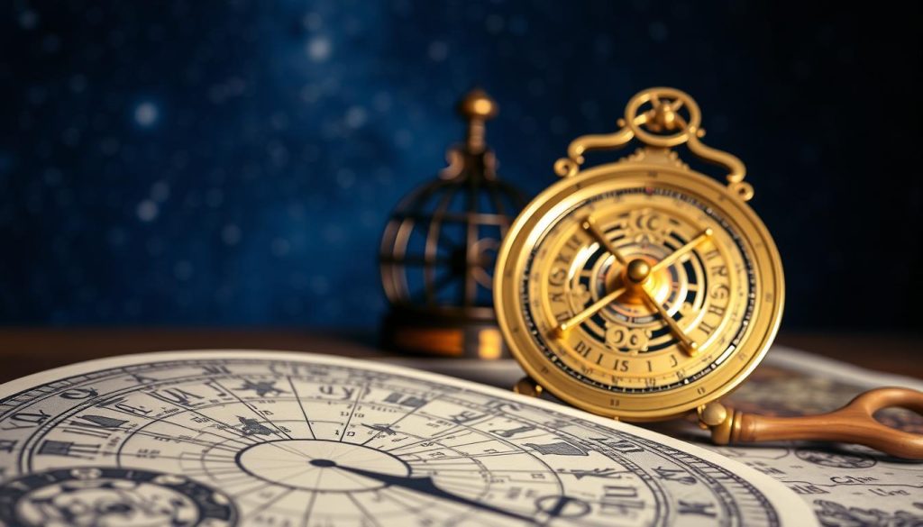 A detailed astrological chart occupying the foreground, depicting the celestial bodies and their intricate alignments. In the middle ground, an antique astrolabe gently rotating, its brass mechanisms catching the soft, warm light. The background fades into a dreamlike, starry night sky, hinting at the mystical and esoteric nature of astrology. The composition is balanced and harmonious, inviting the viewer to ponder the ancient wisdom of the stars. The overall mood is one of contemplation and wonder, capturing the essence of astrology as a tool for understanding the cosmos and one's place within it. A detailed astrological chart occupying the foreground, depicting the celestial bodies and their intricate alignments. In the middle ground, an antique astrolabe gently rotating, its brass mechanisms catching the soft, warm light. The background fades into a dreamlike, starry night sky, hinting at the mystical and esoteric nature of astrology. The composition is balanced and harmonious, inviting the viewer to ponder the ancient wisdom of the stars. The overall mood is one of contemplation and wonder, capturing the essence of astrology as a tool for understanding the cosmos and one's place within it.