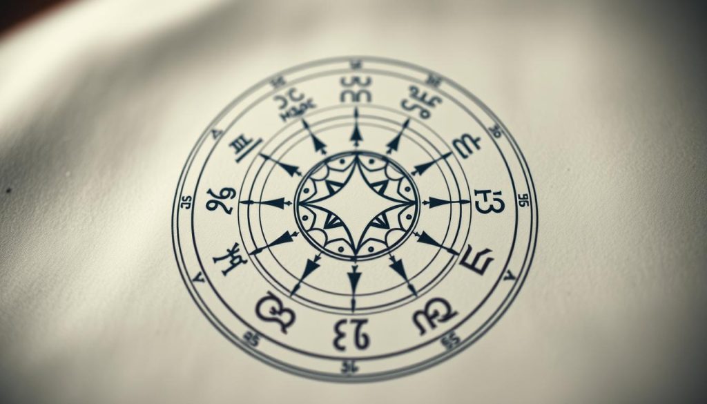 A detailed astrological chart with a central zodiac symbol surrounded by the 12 zodiac signs, rendered in a high-contrast, minimalist style. The chart is set against a softly blurred background with hints of celestial elements like stars, planets, and nebulae. The overall mood is one of mysticism and ancient wisdom. The image is captured with a wide-angle lens to showcase the intricate details and symbolism of the astrological chart.