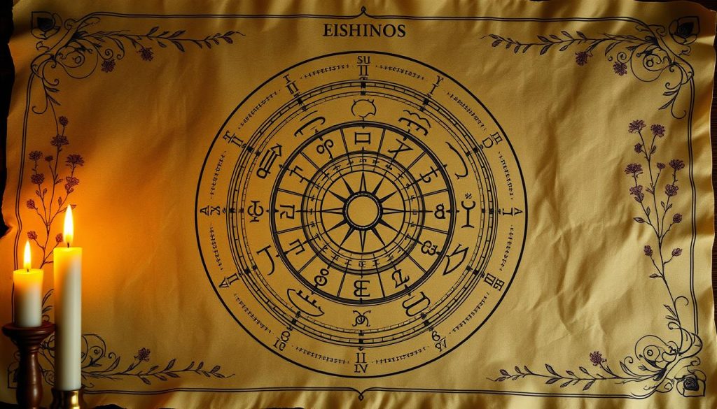 A detailed astrological forecast displayed on an elegant parchment background, illuminated by warm candlelight. The center features a circular zodiac wheel, with each sign represented by its corresponding symbol. Delicate botanical illustrations and celestial motifs frame the edges, creating a mystical, vintage-inspired composition. The overall mood is one of introspection, divination, and the anticipation of the day's horoscope predictions. A detailed astrological forecast displayed on an elegant parchment background, illuminated by warm candlelight. The center features a circular zodiac wheel, with each sign represented by its corresponding symbol. Delicate botanical illustrations and celestial motifs frame the edges, creating a mystical, vintage-inspired composition. The overall mood is one of introspection, divination, and the anticipation of the day's horoscope predictions.