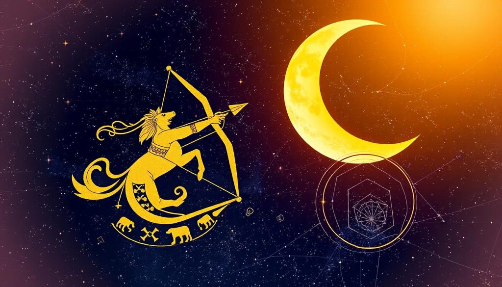 A detailed astrological forecast of the Sagittarius zodiac sign, presented against a starry night sky with a crescent moon. In the foreground, a stylized illustration of the Sagittarius archer constellation, rendered in rich, golden hues. The middle ground features zodiac symbols, celestial motifs, and swirling cosmic energies in a vibrant color palette. The background depicts a deep, indigo-toned sky dotted with twinkling stars, creating an enchanting, mystical atmosphere. Soft, diffused lighting illuminates the scene, evoking a sense of wonder and divination. The overall composition conveys the astrological insights and spiritual influences associated with the Sagittarius sign.
