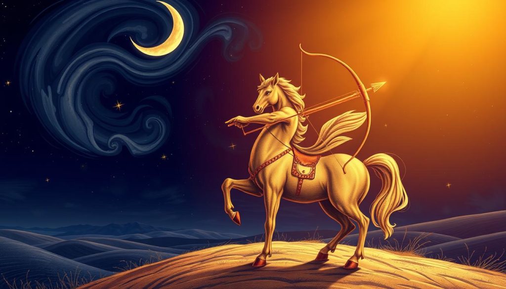 A detailed astrological illustration depicting the Sagittarius zodiac sign. In the foreground, a majestic centaur figure stands proudly, its upper body that of a human and lower body that of a horse, symbolizing the duality of this sign. The centaur holds a bow and arrow, its gaze fixed with determination. The middle ground features a starry night sky, with swirling clouds and a crescent moon casting a soft, celestial glow. In the background, rolling hills and a distant horizon line create a sense of depth and wonder. Warm, golden lighting illuminates the scene, evoking a sense of adventure and optimism associated with the Sagittarius spirit. The overall composition conveys the free-spirited, adventurous, and philosophical nature of this zodiac sign.