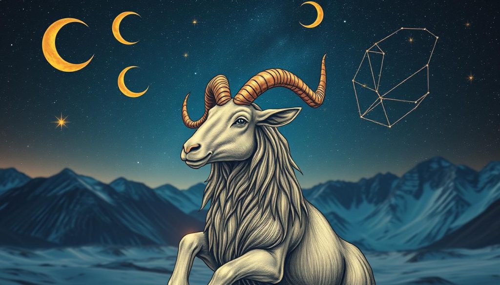 A detailed astrological illustration of Capricorn zodiac sign. In foreground, mystical goat-like creature with intricate horns and regal presence, symbolizing ambitious і disciplined nature of Capricorns. Celestial influences на Capricorn's characteristics. a sense of grandeur and depth.