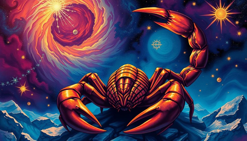 A detailed astrological illustration of the Scorpio zodiac sign, featuring a vibrant, jewel-toned color palette. In the foreground, a majestic scorpion with its distinct claws and stinger takes center stage, its intricate exoskeleton and patterns rendered with meticulous attention to detail. In the middle ground, a mystical, otherworldly backdrop unfolds, with swirling cosmic elements, shimmering celestial bodies, and a sense of ancient mysticism. The overall atmosphere is one of power, intensity, and a deep connection to the forces of nature. Dramatic lighting casts dramatic shadows, enhancing the sense of depth and drama. The composition is balanced and visually striking, capturing the essence of the Scorpio sign in a captivating and visually compelling manner.