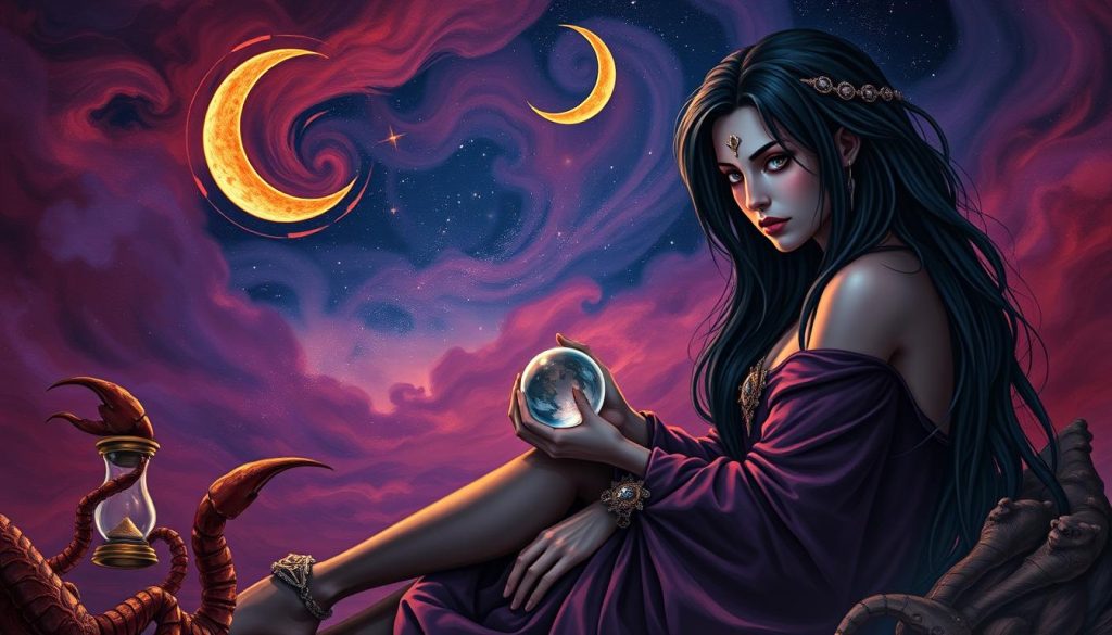 A detailed astrological illustration showcasing the characteristics of the Scorpio zodiac sign. In the foreground, a mystical, dark-haired Scorpio figure sits in a contemplative pose, surrounded by symbolic elements like a scorpion, an hourglass, and a crystal ball. The middle ground features a starry night sky with crescent moon, while the background blends ethereal swirls of deep purples, reds, and blues, creating an otherworldly, celestial atmosphere. Dramatic lighting illuminates the Scorpio's intense gaze and the intricate details of the occult-inspired scene, captured with a wide-angle lens to convey a sense of grandeur and cosmic mystery. A detailed astrological illustration showcasing the characteristics of the Scorpio zodiac sign. In the foreground, a mystical, dark-haired Scorpio figure sits in a contemplative pose, surrounded by symbolic elements like a scorpion, an hourglass, and a crystal ball. The middle ground features a starry night sky with crescent moon, while the background blends ethereal swirls of deep purples, reds, and blues, creating an otherworldly, celestial atmosphere. Dramatic lighting illuminates the Scorpio's intense gaze and the intricate details of the occult-inspired scene, captured with a wide-angle lens to convey a sense of grandeur and cosmic mystery.