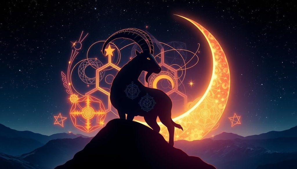 A detailed astrological symbol of the Capricorn zodiac sign, rendered in a striking digital art style. In the foreground, the iconic silhouette of a mountain goat stands proud, its horns reaching towards the heavens. The goat is surrounded by a swirling, mystical energy, with glowing celestial symbols and intricate geometric patterns filling the middle ground. In the background, a deep, starry night sky sets the stage, with the crescent moon and twinkling stars creating a serene, otherworldly atmosphere. The overall composition conveys the strength, ambition, and grounded nature associated with the Capricorn zodiac sign.