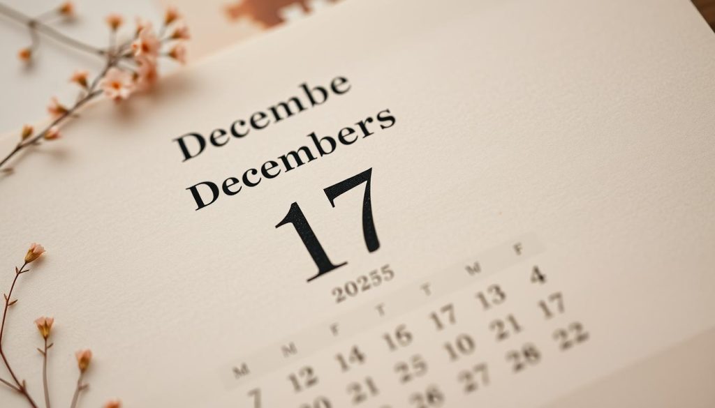 A detailed calendar for December 2025, meticulously rendered with a warm, nostalgic aesthetic. The page showcases the 17th, the focus date, highlighted with a subtle golden glow. The background features a soft, textured paper-like surface, evoking the tactile quality of a vintage publication. Delicate floral accents and a hint of faded newsprint lend an air of old-world charm, while the crisp, legible typography conveys a sense of timeless elegance. The overall composition strikes a balance between classical presentation and modern minimalism, creating a visually captivating and historically grounded representation of the 17th of December 2025.