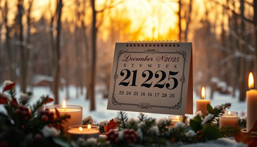 A detailed calendar page floating in a cozy, autumnal scene. The calendar shows December 21, 2025, with elegant calligraphic numbers and a minimal, ornate border. In the background, a snowy forest landscape with bare trees and a warm, golden sky. In the foreground, seasonal decor like pine branches, holly, and candles create a festive, atmospheric mood. Soft, diffuse lighting illuminates the scene, giving it a natural, inviting feel. The composition is balanced and visually pleasing, highlighting the focal point of the calendar in a way that aligns with the article's subject and section title. A detailed calendar page floating in a cozy, autumnal scene. The calendar shows December 21, 2025, with elegant calligraphic numbers and a minimal, ornate border. In the background, a snowy forest landscape with bare trees and a warm, golden sky. In the foreground, seasonal decor like pine branches, holly, and candles create a festive, atmospheric mood. Soft, diffuse lighting illuminates the scene, giving it a natural, inviting feel. The composition is balanced and visually pleasing, highlighting the focal point of the calendar in a way that aligns with the article's subject and section title.