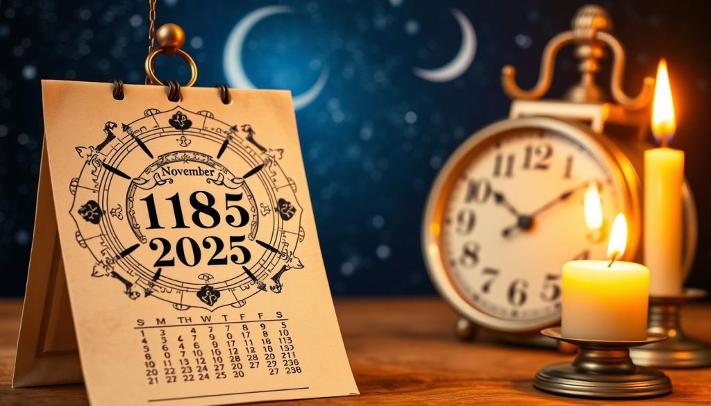A detailed calendar showcasing the astrological events and chronology of November 18th, 2025. In the foreground, a classic paper-based calendar displays the date, surrounded by ornate zodiac symbols and celestial motifs. The middle ground features an elegant analog clock, its hands pointing to the precise time. In the background, a starry night sky with a crescent moon creates a mystical, otherworldly atmosphere. Warm candlelight illuminates the scene, casting a soft, golden glow and evoking a sense of timelessness. The overall composition is balanced, with a harmonious blend of traditional and contemporary design elements that capture the essence of the subject. A detailed calendar showcasing the astrological events and chronology of November 18th, 2025. In the foreground, a classic paper-based calendar displays the date, surrounded by ornate zodiac symbols and celestial motifs. The middle ground features an elegant analog clock, its hands pointing to the precise time. In the background, a starry night sky with a crescent moon creates a mystical, otherworldly atmosphere. Warm candlelight illuminates the scene, casting a soft, golden glow and evoking a sense of timelessness. The overall composition is balanced, with a harmonious blend of traditional and contemporary design elements that capture the essence of the subject.