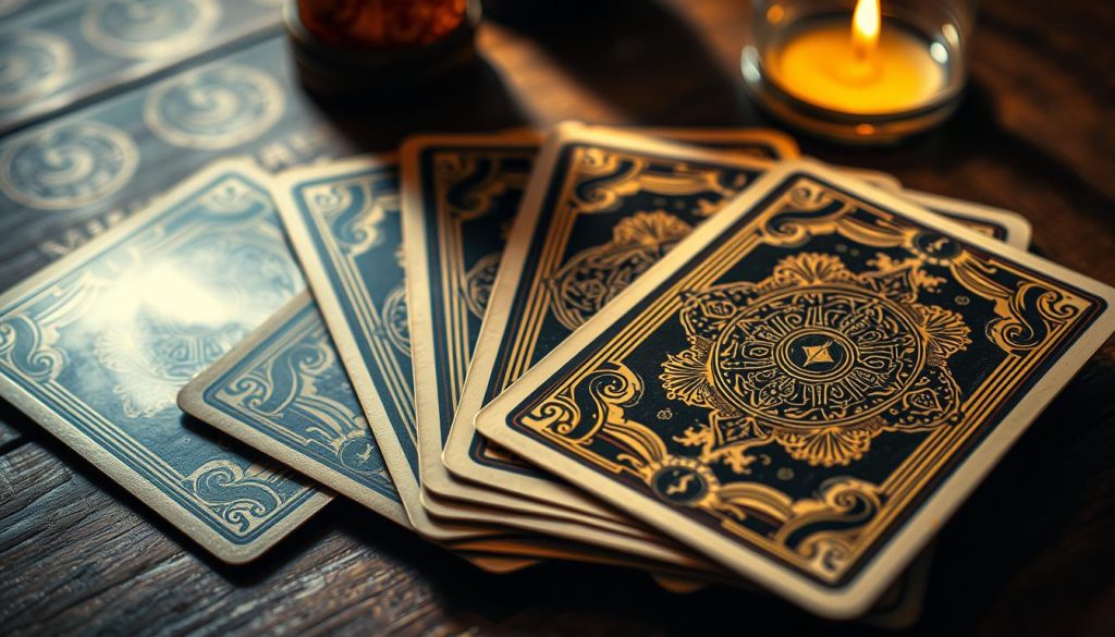A detailed close-up of a classic Tarot card deck, featuring a rich, ornate design on the card backs. The deck is presented on a wooden table, illuminated by warm, soft lighting, casting subtle shadows. The cards are slightly fanned out, inviting the viewer to examine their intricate patterns and symbols. The overall mood is one of mystery, spirituality, and a sense of the arcane. The composition emphasizes the tactile and visual qualities of the deck, drawing the viewer into the world of Tarot divination and interpretation.