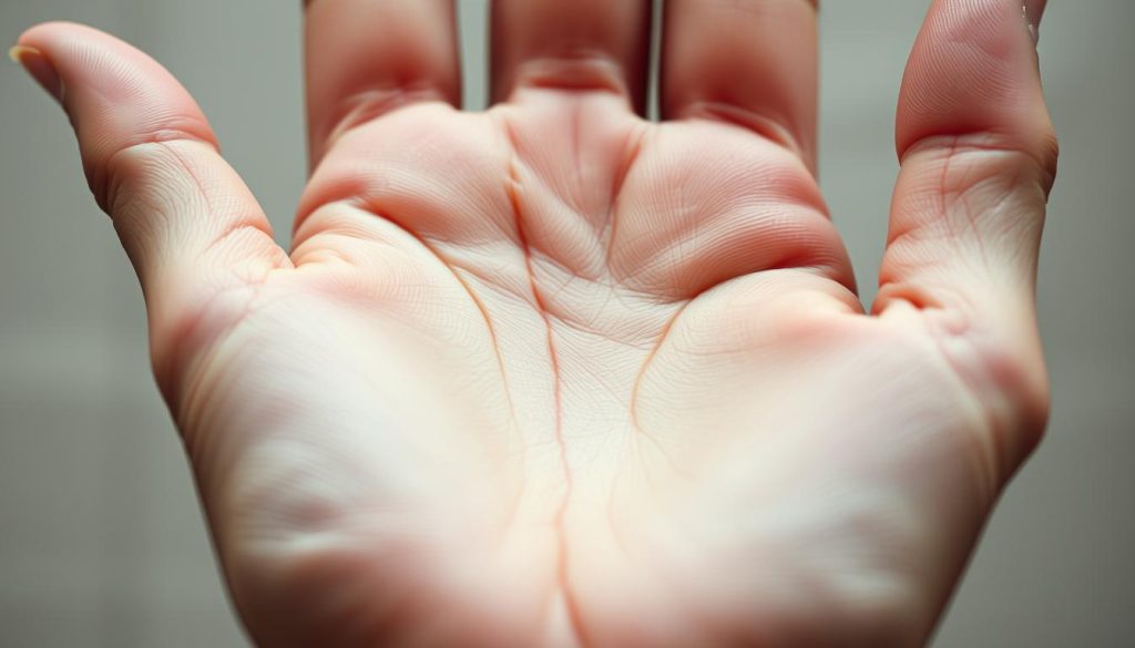 A detailed close-up of a human hand, palm facing upward, revealing the intricate lines and patterns of the life line. The skin has a warm, natural tone, and the lines are clearly defined, appearing to be etched into the flesh. The image is well-lit, with soft, diffused lighting that casts subtle shadows, highlighting the depth and texture of the hand. The composition focuses on the life line, drawing the viewer's attention to the energy and changes it represents, hinting at the overall age and journey of the individual. The mood is serene, inviting the viewer to contemplate the significance and symbolism of this ancient practice of palm reading.