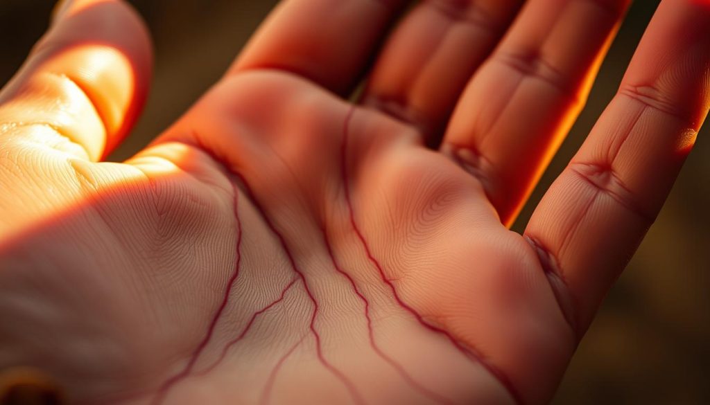 A detailed close-up of an open human palm, illuminated by warm, natural lighting that casts soft shadows. The intricate lines and mounts on the skin are the focal point, revealing the ancient art of palmistry. The lines flow organically, forming a mesmerizing pattern that suggests hidden insights into the person's life path, personality, and destiny. The image has a serene, contemplative mood, inviting the viewer to study the palm's features and ponder the wisdom held within. A detailed close-up of an open human palm, illuminated by warm, natural lighting that casts soft shadows. The intricate lines and mounts on the skin are the focal point, revealing the ancient art of palmistry. The lines flow organically, forming a mesmerizing pattern that suggests hidden insights into the person's life path, personality, and destiny. The image has a serene, contemplative mood, inviting the viewer to study the palm's features and ponder the wisdom held within.