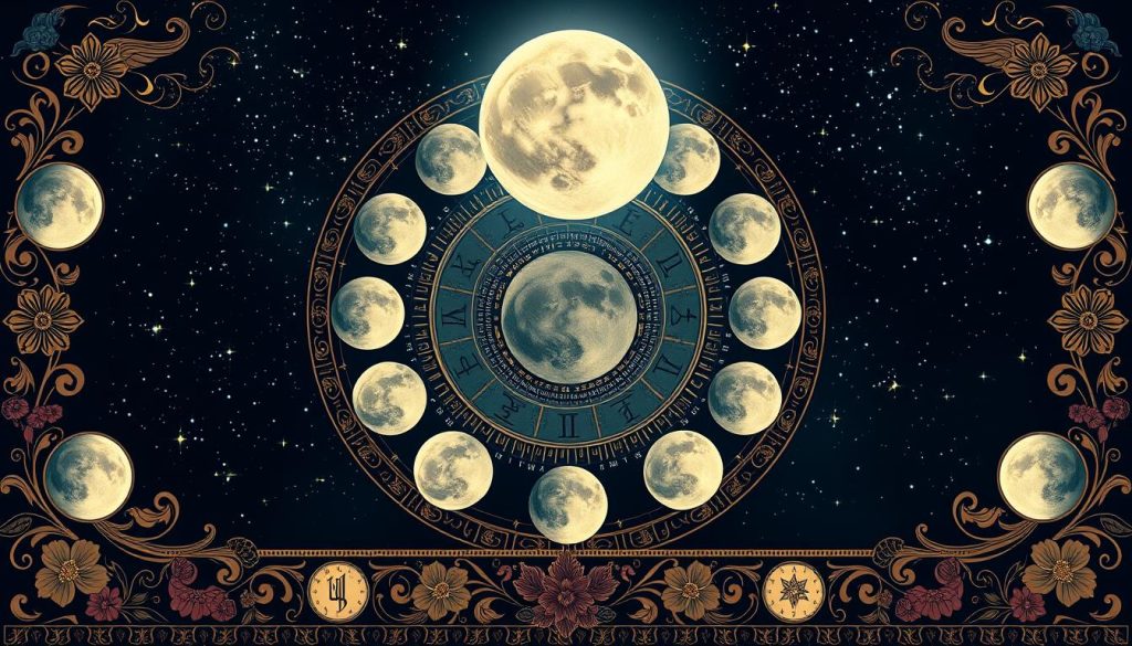 A detailed, high-resolution depiction of a lunar calendar showcasing the phases of the moon. The foreground features a central circular design with the moon's phases clearly marked, surrounded by ornate celestial motifs and astrological symbols. The middle ground includes a decorative border with intricate floral and geometric patterns, evocative of traditional Ukrainian folk art. The background depicts a deep, starry night sky with a full, luminous moon as the focal point, casting a soft, ethereal glow over the entire composition. The overall aesthetic is one of elegance, mysticism, and a reverence for the cycles of nature. Rendered with photorealistic precision and a rich, jewel-toned color palette.