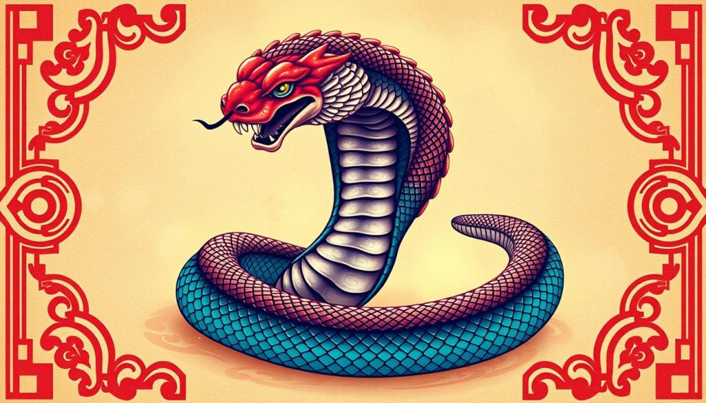 A detailed illustration of the Chinese zodiac sign of the Snake, depicted in a traditional Chinese artistic style. The serpentine creature is rendered in a vibrant, jewel-toned palette, with intricate scales and a sinuous, coiled body. The snake is set against a backdrop of ornate, oriental-inspired patterns and motifs, evoking the mysticism and ancient wisdom associated with this astrological sign. Soft, diffused lighting casts a warm, ethereal glow, capturing the serene and contemplative nature of the design. The composition emphasizes the snake's powerful, yet graceful presence, inviting the viewer to meditate on the unique energies and characteristics of the Chinese zodiac's Serpent.