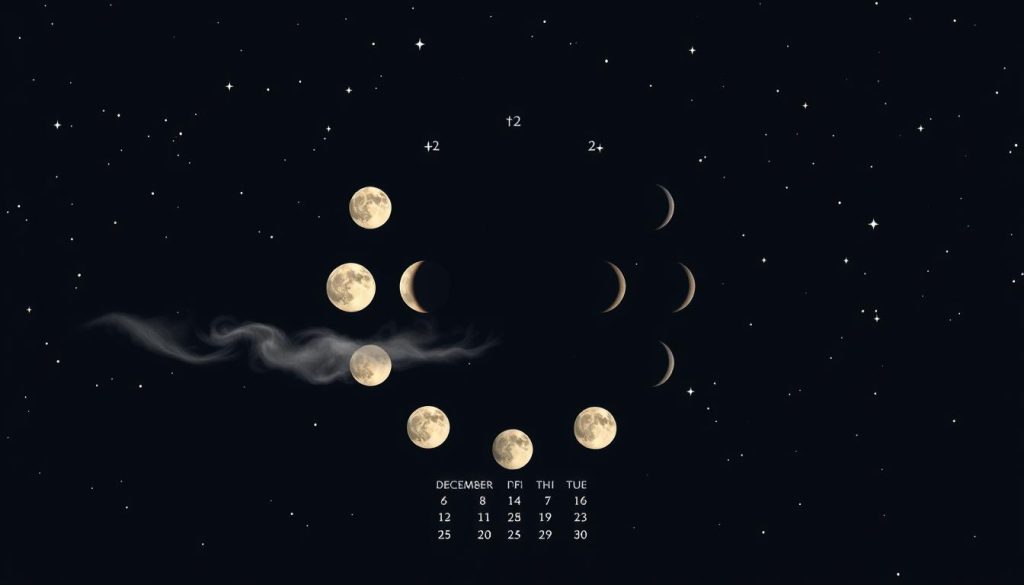 A detailed lunar calendar for December 2025, showcasing the phases of the moon against a starry night sky. The calendar is rendered in a minimalist, elegant style, with clean lines and a muted color palette. The foreground features a full moon, partially obscured by wispy clouds, casting a soft, ethereal glow. The middle ground depicts the waxing and waning phases of the moon, arranged in a circular pattern. The background is a deep, velvety-black sky, punctuated by twinkling stars. The overall composition conveys a sense of timelessness and the cyclical nature of the lunar cycle, reflecting the astronomical and calendrical themes of the article's section.