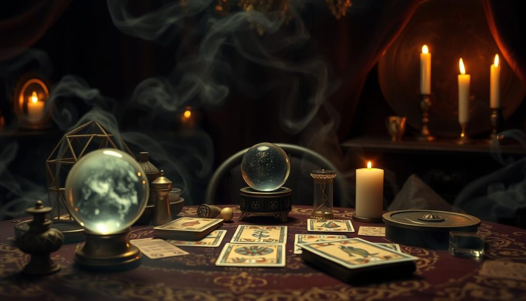 a detailed, mystical-looking scene of an online fortune-telling service, with a tarot reader's table in the foreground featuring a crystal ball, tarot cards, and other occult items, surrounded by a dimly lit, atmospheric background with swirling mist or smoke, candles, and ethereal lighting, creating an air of intrigue and mysticism, with a focus on the ease and convenience of accessing this service online a detailed, mystical-looking scene of an online fortune-telling service, with a tarot reader's table in the foreground featuring a crystal ball, tarot cards, and other occult items, surrounded by a dimly lit, atmospheric background with swirling mist or smoke, candles, and ethereal lighting, creating an air of intrigue and mysticism, with a focus on the ease and convenience of accessing this service online