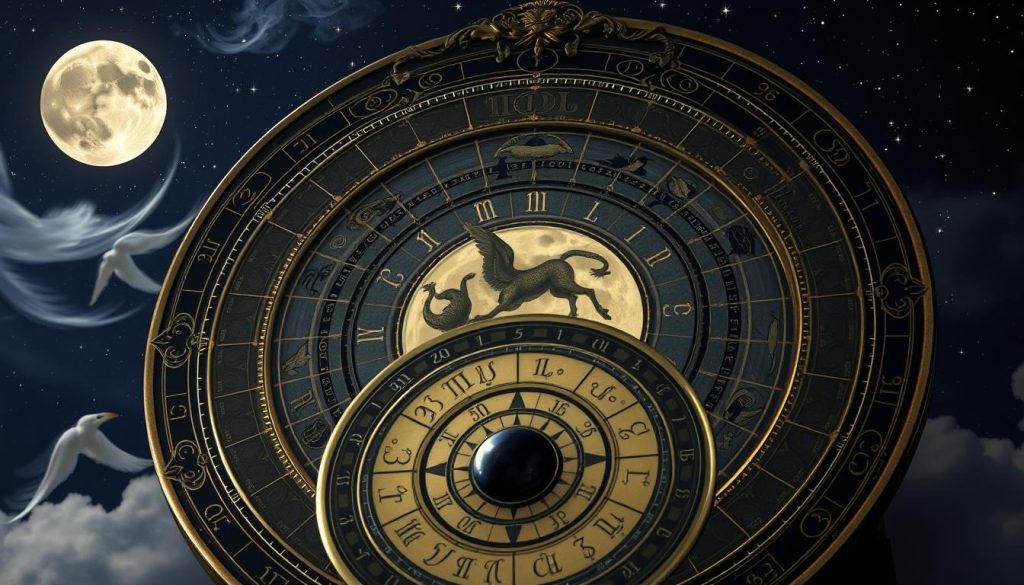 A detailed, mystical lunar calendar displayed prominently, adorned with intricate astrological symbols and celestial motifs. The calendar's phases and alignments are highlighted, casting an ethereal glow across the scene. In the foreground, a central zodiac wheel rotates, its signs and elements intricately rendered. The background features a starry night sky, with wispy clouds and a full moon casting a soft, otherworldly light over the composition. The overall mood is one of ancient wisdom, cosmic connection, and the rhythmic ebb and flow of the lunar cycle. A detailed, mystical lunar calendar displayed prominently, adorned with intricate astrological symbols and celestial motifs. The calendar's phases and alignments are highlighted, casting an ethereal glow across the scene. In the foreground, a central zodiac wheel rotates, its signs and elements intricately rendered. The background features a starry night sky, with wispy clouds and a full moon casting a soft, otherworldly light over the composition. The overall mood is one of ancient wisdom, cosmic connection, and the rhythmic ebb and flow of the lunar cycle.