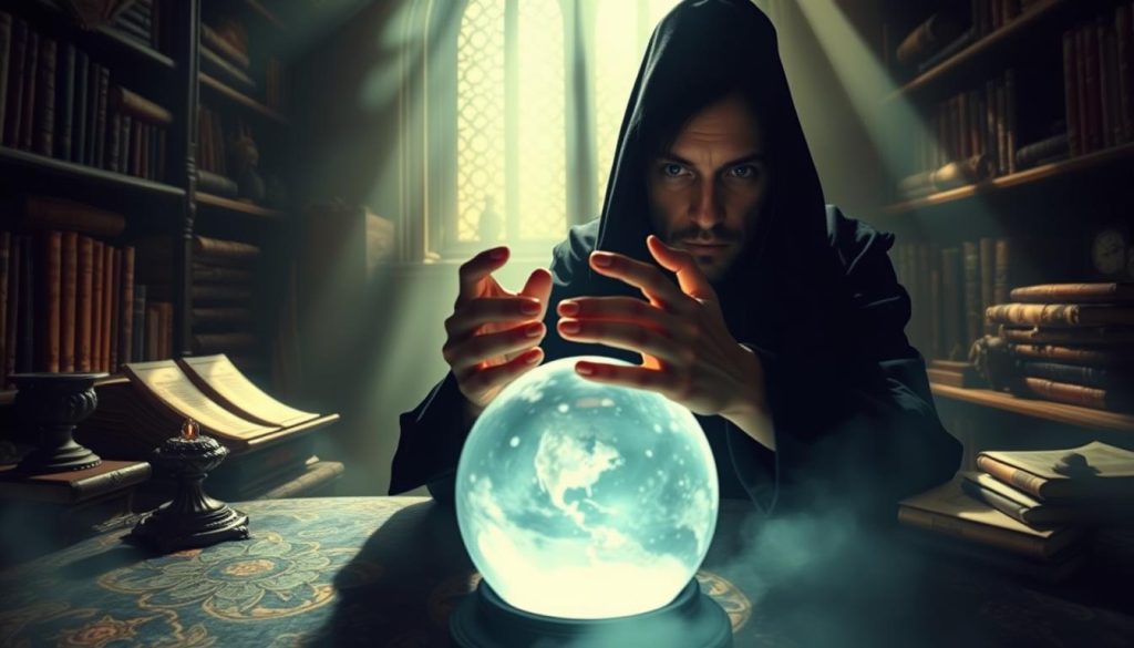 A detailed, mystical scene of a fortune teller's study, illuminated by the soft glow of a crystal ball resting on an ornate table. The room is shrouded in a hazy, otherworldly light, with shadows dancing across the walls. Shelves of ancient tomes and mystical artifacts line the background, creating a sense of deep, esoteric knowledge. The fortune teller's hands are poised delicately over the crystal ball, their face half-obscured in shadow, exuding an air of profound concentration as they divine the answers sought by the seeker. The scene evokes a sense of intrigue, mystery, and the power of divination. A detailed, mystical scene of a fortune teller's study, illuminated by the soft glow of a crystal ball resting on an ornate table. The room is shrouded in a hazy, otherworldly light, with shadows dancing across the walls. Shelves of ancient tomes and mystical artifacts line the background, creating a sense of deep, esoteric knowledge. The fortune teller's hands are poised delicately over the crystal ball, their face half-obscured in shadow, exuding an air of profound concentration as they divine the answers sought by the seeker. The scene evokes a sense of intrigue, mystery, and the power of divination.