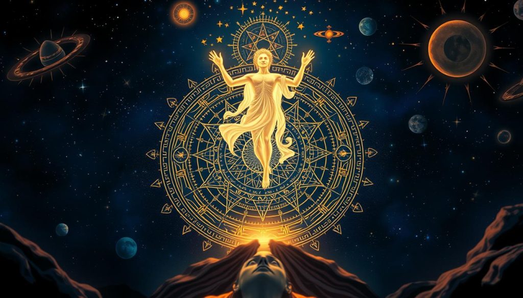 A detailed, mystical tarot card depicting the cosmic "World" arcanum. In the foreground, a luminous, ethereal figure levitates, embodying the unity and completion symbolized by the World. Intricate, ancient symbols and sigils swirl around the figure, evoking a sense of timeless wisdom and occult knowledge. In the middle ground, a mandala-like pattern of celestial bodies, geometric shapes, and esoteric elements creates a captivating, mesmerizing visual tapestry. The background is shrouded in a deep, indigo night sky, punctuated by twinkling stars and glowing, otherworldly phenomena, suggesting the expansive, transcendent nature of this archetypal card. Soft, warm lighting illuminates the scene, imbuing it with a sense of mystical reverence and spiritual illumination. A detailed, mystical tarot card depicting the cosmic "World" arcanum. In the foreground, a luminous, ethereal figure levitates, embodying the unity and completion symbolized by the World. Intricate, ancient symbols and sigils swirl around the figure, evoking a sense of timeless wisdom and occult knowledge. In the middle ground, a mandala-like pattern of celestial bodies, geometric shapes, and esoteric elements creates a captivating, mesmerizing visual tapestry. The background is shrouded in a deep, indigo night sky, punctuated by twinkling stars and glowing, otherworldly phenomena, suggesting the expansive, transcendent nature of this archetypal card. Soft, warm lighting illuminates the scene, imbuing it with a sense of mystical reverence and spiritual illumination.