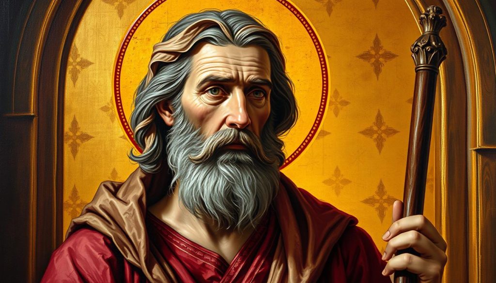 A detailed oil painting depicting St. Andrew the Apostle, also known as the First-Called, in a serene, contemplative pose. He is shown against a backdrop of a golden Byzantine-style iconostasis, with rich, jewel-toned colors and intricate patterns. Soft, warm lighting illuminates his weathered face and flowing robes, conveying a sense of spiritual reverence and timelessness. The composition is balanced and symmetrical, with a focus on the Apostle's penetrating gaze and gentle, but resolute expression. The overall atmosphere is one of devotion, history, and the enduring legacy of Eastern Orthodox Christianity.