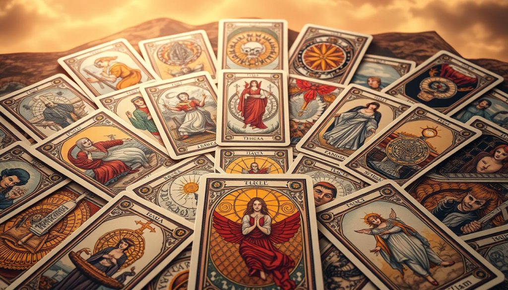 A detailed spread of ornate tarot cards, featuring intricate illustrations and rich symbolism. The cards are arranged in a mesmerizing layout, casting a mystical aura across the scene. Soft, warm lighting illuminates the cards, creating a sense of depth and dimension. The cards themselves are rendered with exquisite detail, showcasing the arcane imagery and complex meanings associated with the Oracle. The background is a serene, ethereal landscape, further emphasizing the otherworldly, contemplative nature of the Oracle. The overall composition conveys a sense of ancient wisdom, divination, and the power of intuitive guidance. A detailed spread of ornate tarot cards, featuring intricate illustrations and rich symbolism. The cards are arranged in a mesmerizing layout, casting a mystical aura across the scene. Soft, warm lighting illuminates the cards, creating a sense of depth and dimension. The cards themselves are rendered with exquisite detail, showcasing the arcane imagery and complex meanings associated with the Oracle. The background is a serene, ethereal landscape, further emphasizing the otherworldly, contemplative nature of the Oracle. The overall composition conveys a sense of ancient wisdom, divination, and the power of intuitive guidance.