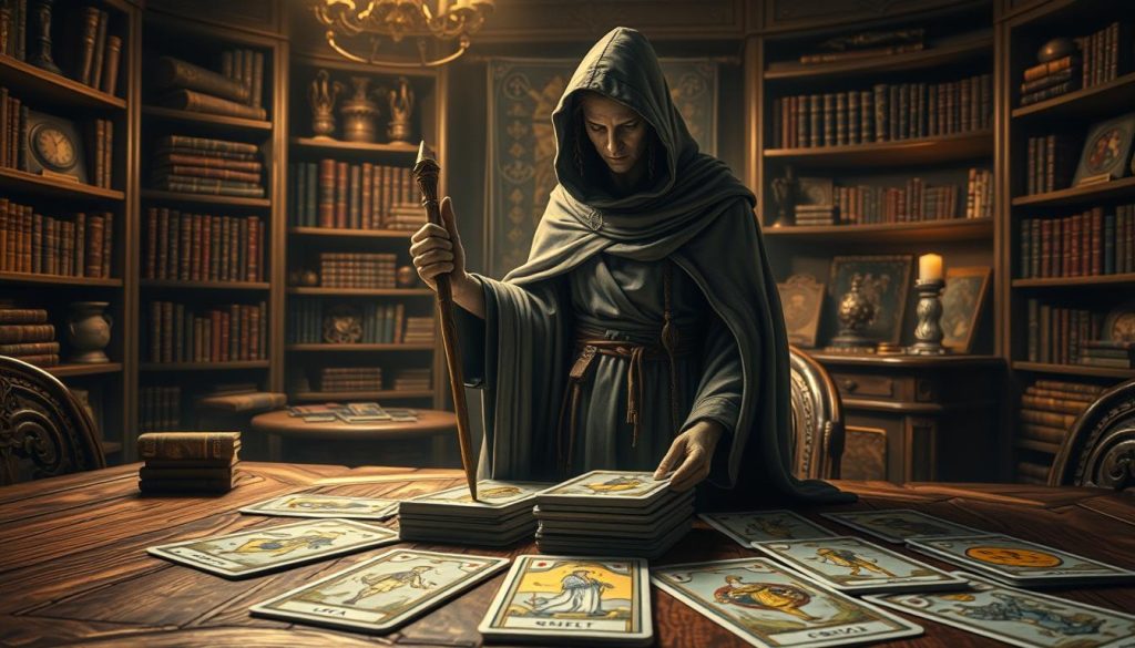 A detailed tarot card with a figure representing the signifier, hovering over a spread of tarot cards on a wooden table. The signifier is depicted as a cloaked, hooded figure with a mystical, contemplative expression, holding a staff or wand. The background shows a dimly lit room with shelves of occult books and artifacts, creating an atmosphere of esoteric wisdom and introspection. Soft, warm lighting illuminates the scene, casting subtle shadows and highlighting the intricate details of the tarot cards and the signifier's garments. The composition emphasizes the signifier's central role in the tarot reading, guiding the interpretation of the cards.