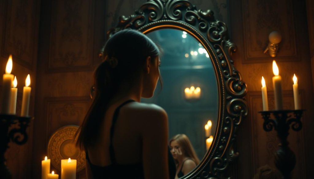 A dimly lit bedroom, the air thick with the scent of burning candles. A large, ornate mirror stands in the center, its surface reflecting the flickering flames. The mirror's frame is intricate, carved with swirling patterns that seem to come alive in the dancing light. In the foreground, a young woman stands before the mirror, her face a mask of concentration as she gazes into its depths, searching for the face of her future beloved. The room is bathed in a warm, golden glow, creating an atmosphere of mysticism and anticipation. The camera angle is slightly low, giving the viewer a sense of being present in the scene, as if they too are participating in the ritual of divination.
