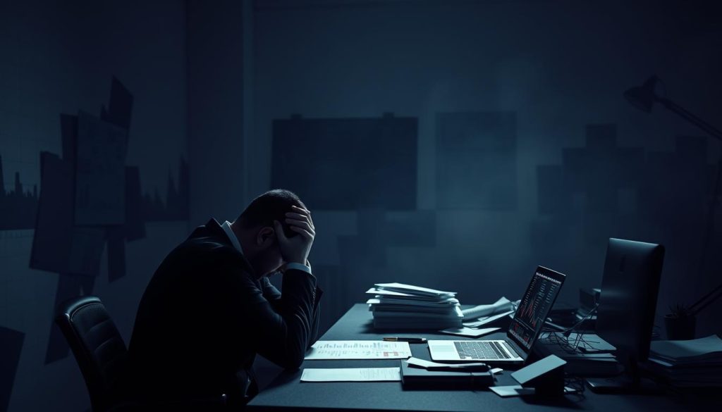 A dimly lit corporate office, walls adorned with shadows of financial charts and graphs. In foreground, a lone executive sits at a desk, head in hands, weight of business crisis bearing down. The lighting is somber, casting a melancho. розбитий робочий стіл, скаттеровані документи, і на робочому столі незабутні ринкові дані. width=