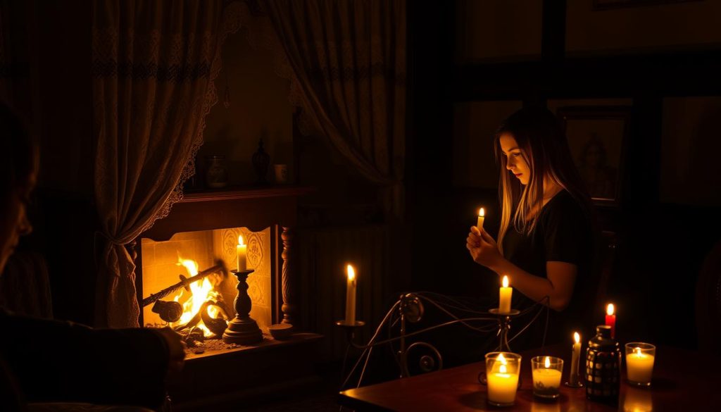 A dimly lit, cozy interior at night, with a young woman sitting by a fireplace, gazing into a mirror and holding a candle. Shadows dance across the walls, creating an intimate, mystical atmosphere. Vintage furniture, lace curtains, and a wooden table with various ritual objects suggest a traditional Ukrainian setting. The scene is softly illuminated by the flickering flames, casting warm, golden tones that evoke the spirit of "Ніч Андрія" and the sacred rituals associated with this special night. The composition emphasizes the woman's contemplative pose, her face partially obscured, inviting the viewer to imagine her divination and the secrets she may uncover.